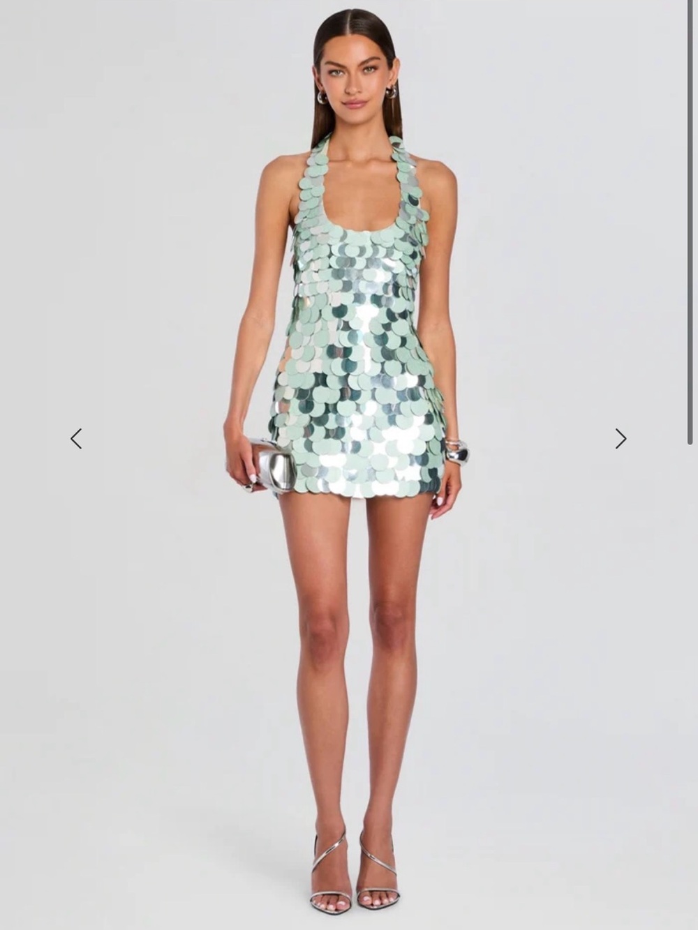 Retrofete Mint Silver Sequin Halter Mini Dress
